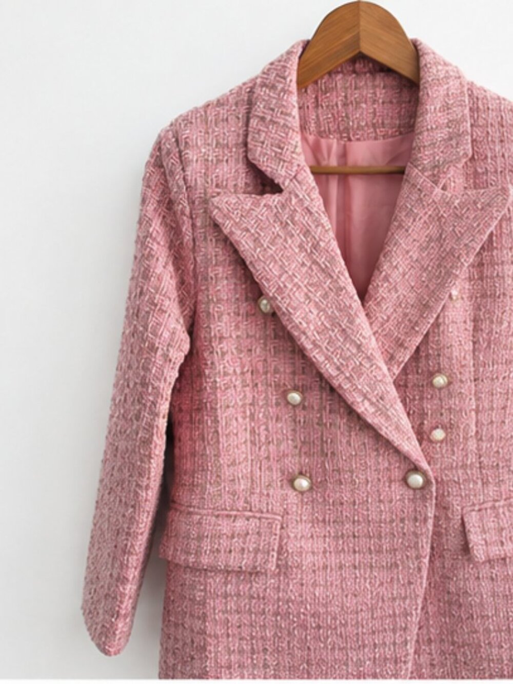 Pink Tweed Double Breasted Blazer Pearl Buttons Gold Metallic Detail Size S